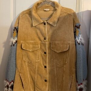 POL Tan Corduroy Jacket with Blue Knit Sleeves